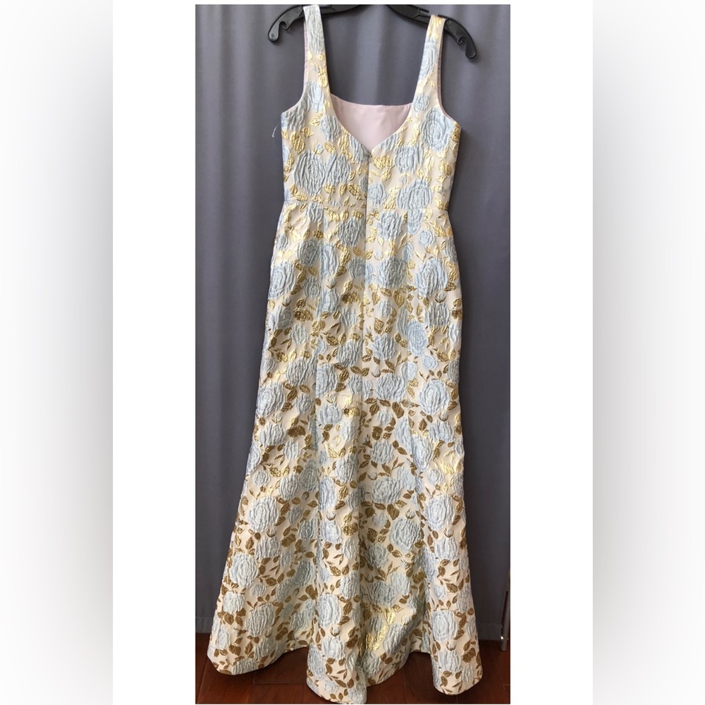 Dessy Collection Metallic Gold and Silver Floral Jacquard Maxi Dress - Picture 6 of 10